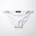 White bikini bottom featuring silver horsebit hardware on the sides and a black central label with the brand name 'Donato' in gothic font, laid flat on a white background.