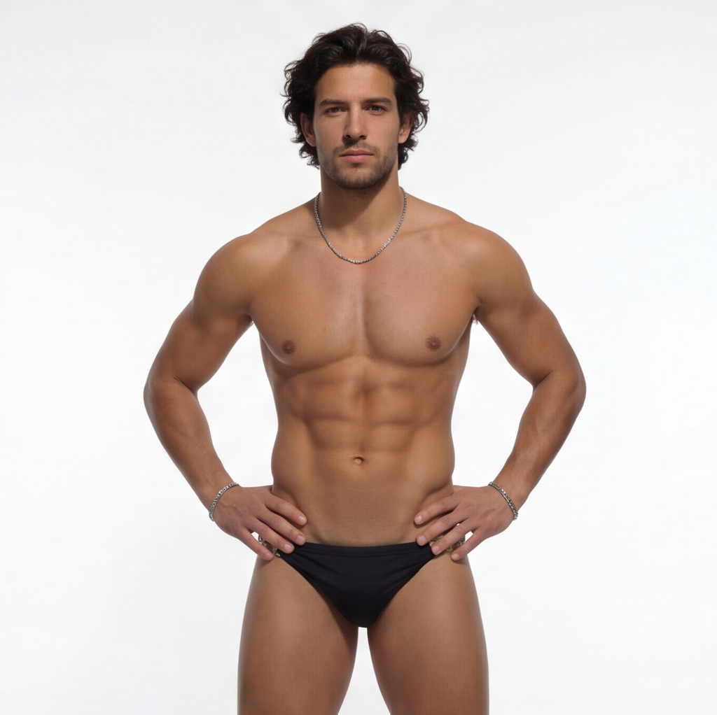 A muscular man posing in black briefs against a plain white studio background.